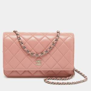 Chanel Peach Pink Quilted Leather CC Flap Wallet on Chain