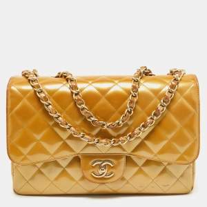 Pre Owned Chanel Gold Quilted Patent Leather Jumbo Classic Single Flap Bag