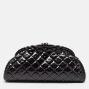 Pre Owned Chanel Black Quilted Patent Leather Kiss Lock Clutch