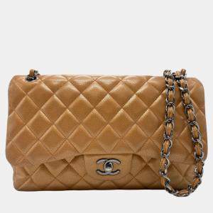Chanel Light Bronze Caviar Skin Leather Matelasse Double Flap Shoulder Bag