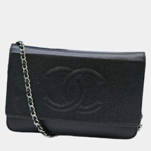 Chanel Black Coco Mark Caviar Skin Chain Wallet
