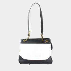 Pre Owned Chanel White Leather Bicolor Chain Shoulder Bag