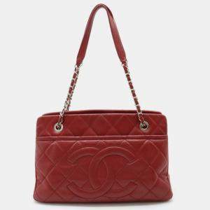Chanel Red Leather Matelasse Caviar Skin Coco Mark Chain Tote Bag