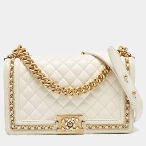 Chanel Off White Quilted Caviar Leather Medium Chain Around Boy Flap Bag