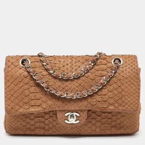 Pre Owned Chanel Brown Python Leather Medium Classic Double Flap Bag