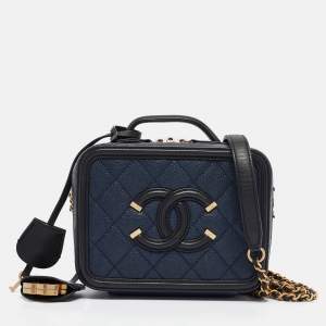 Chanel Navy Blue/Black Quilted Caviar Leather Small CC Filigree Vanity Case Bag