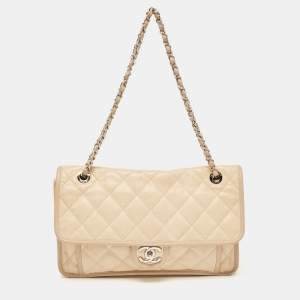 Pre Owned Chanel Beige Caviar Quilted Leather CC French Riviera Flap Bag