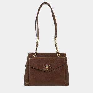 Chanel Brown Calfskin Chain Shoulder Tote Bag