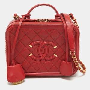 Chanel Red Quilted Caviar Leather Medium CC Filigree Vanity Case Bag