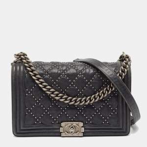 Pre Owned Chanel Navy Blue Quilted Leather New Medium Studded Boy Flap Bag
