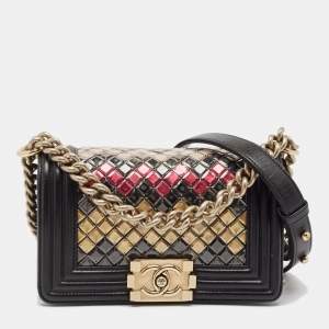 Chanel Black Leather and Sequins Tile Brasserie Mosaic Small Boy Bag