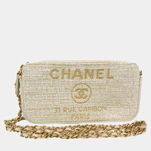 Chanel Light Beige Off-white Tweed Chain/Shoulder Wallet