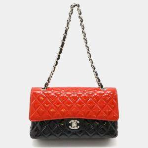 Chanel Black Red Bicolor Patent Leather Matelasse 25 Coco Mark Double Chain Shoulder Bag