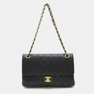 Chanel Black Leather Matelasse 25 Chain Double Flap Shoulder Bag