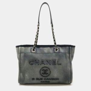 Chanel Gray Black Sequin Canvas Deauville Line Medium Tote MM Bag