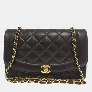 Chanel Black Lambskin Diana 25 Medium Mattelasse Shoulder Bag