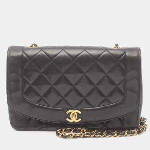 Chanel Black Lambskin Matelasse Diana Flap Shoulder Bag