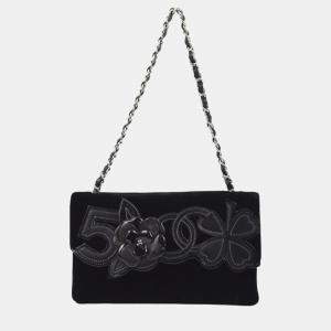 Chanel Black Velvet Camelia Single Chain Shoulder Bag