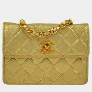 Pre Owned Chanel Gold Lambskin Straight Flap Shoulder Bag