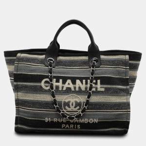 Chanel Grey Striped Canvas and Leather Large Deauville Shopper Tote