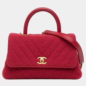 Pre Owned Chanel Red Small Chevron Jersey Coco Top Handle Satchel