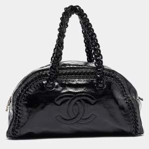 Pre Owned Chanel Black Patent Leather Large Luxe Ligne Bowler Bag