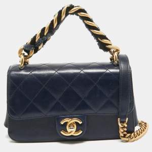 Pre Owned Chanel Navy Blue Quilted Leather Cosmopolite Straight Line Flap Bag