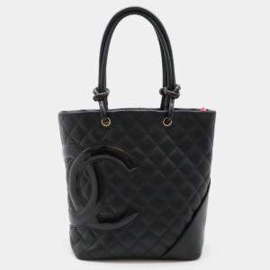 Chanel Soft Calfskin Enamel Black Pink Cambon Line Medium Tote Bag