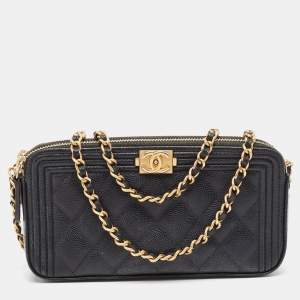 Pre Owned Chanel Black Quilted Caviar Leather Double Zip Clutch Bag