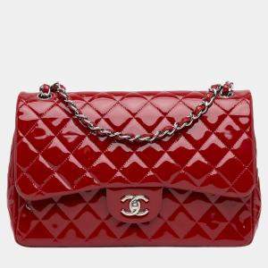 Pre Owned Chanel Red Jumbo Classic Patent Double Flap