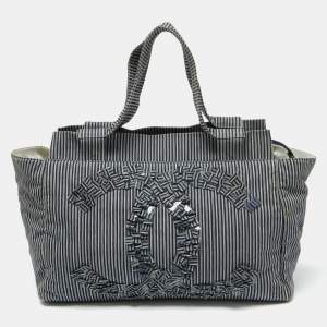 Chanel Chambray Blue/White Canvas CC Striped Shopper Tote