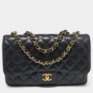 Pre Owned Chanel Black Quilted Caviar Leather Jumbo Classic Single Flap Bag