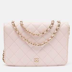 Chanel Light Pink Quilted Caviar Leather CC Wallet On Chain