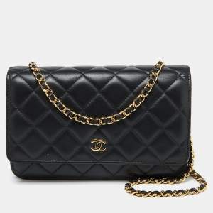 Chanel Black Quilted Leather CC Classic Wallet On Chain