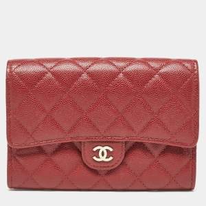 Chanel Red Quilted Caviar Leather Classic L Flap Wallet