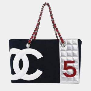 Chanel Navy Silver Canvas No.5 Choco Bar Tote Handbag