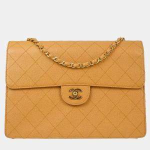 Chanel Beige Calfskin Single Flap Shoulder Bag