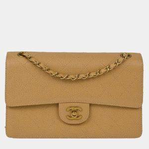 Pre Owned Chanel Beige Calfskin Medium Classic Single Flap Shoulder Bag