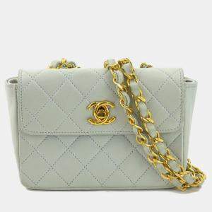 Pre Owned Chanel Leather Light Blue Gold Matelasse Shoulder Bag