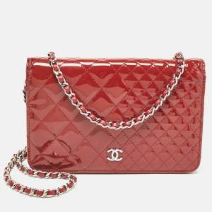 Chanel Red Quilted Patent Leather Classic Wallet On Chain