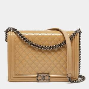 Chanel Beige Quilted Patent Leather Large Boy Flap Bag