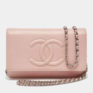 Chanel Light Pink Caviar Leather Timeless CC Wallet On Chain