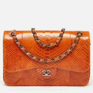 Pre Owned Chanel Orange Python Jumbo Classic Double Flap Bag