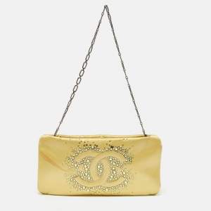 Pre Owned Chanel Yellow Satin CC Diamante Evening Clutch Bag
