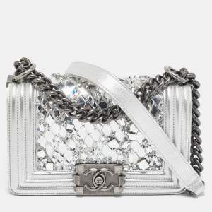 Pre Owned Chanel Silver Leather Small Crystals Embellished Boy Flap Bag