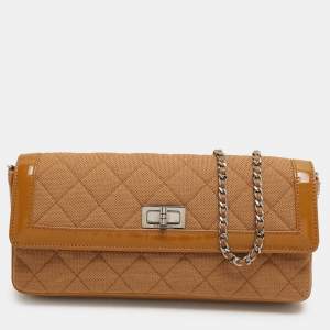 Pre Owned Chanel Beige Jersey and Patent Leather Reissue E/W Flap Bag