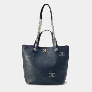 Chanel Navy Leather Punching Logo Chain Tote bag