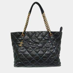 Chanel Black Navy Matelasse Chain Caviar Leather Tote Bag