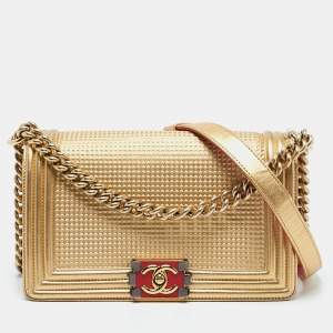 Chanel Gold/Red Cube Embossed Leather Medium Boy Flap Bag