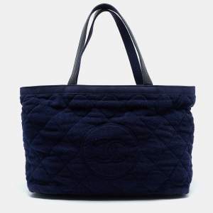 Chanel Navy Blue Quilted Terry Cloth CC Beach Tote